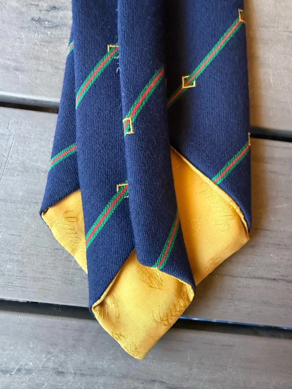 Gucci Navy Tie with Green and Gold Diagonal Stripes